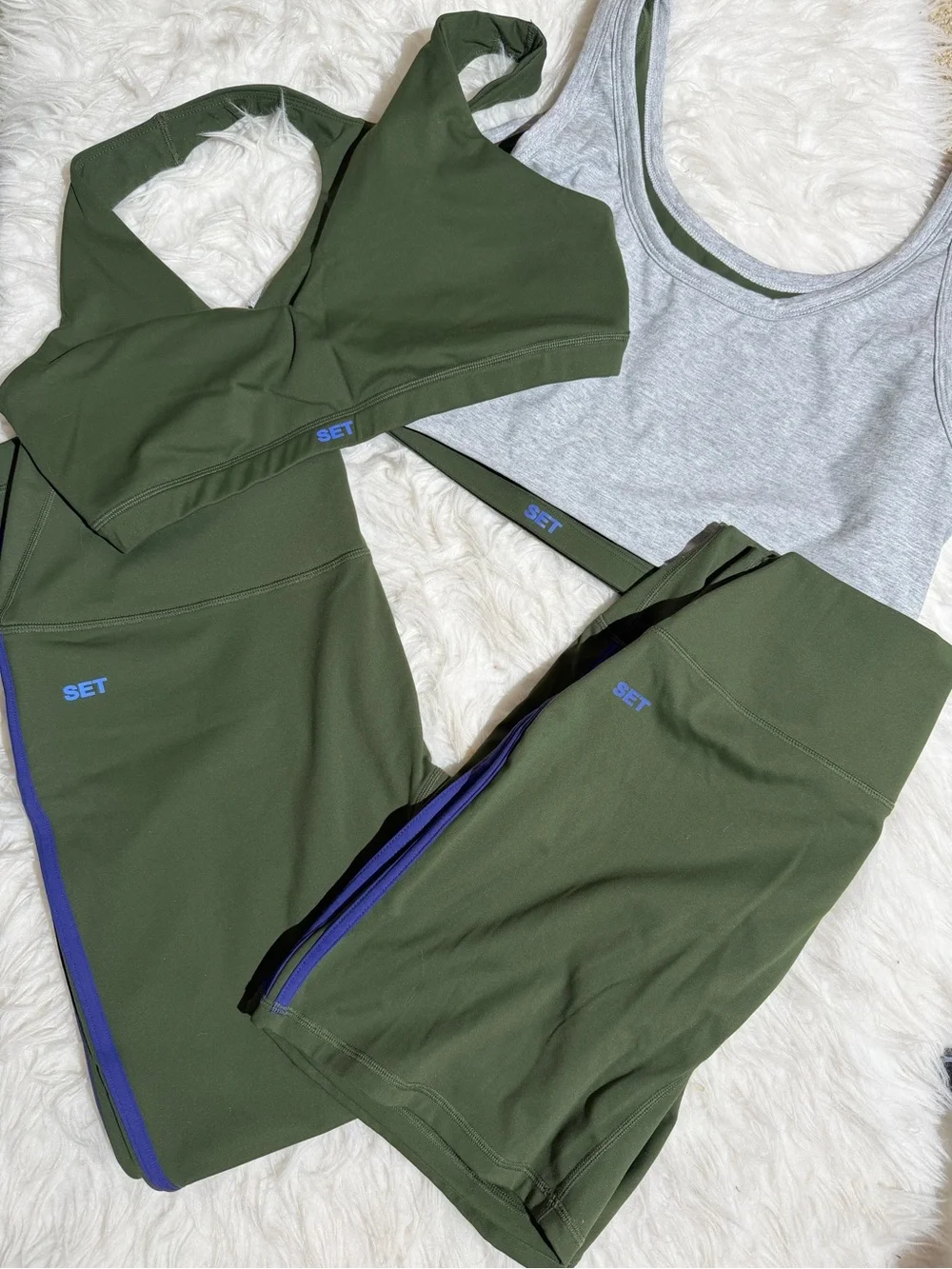 NEW Set Active XL / XXL Matching Set Green Blue Piping Leggings Sports Bra Short